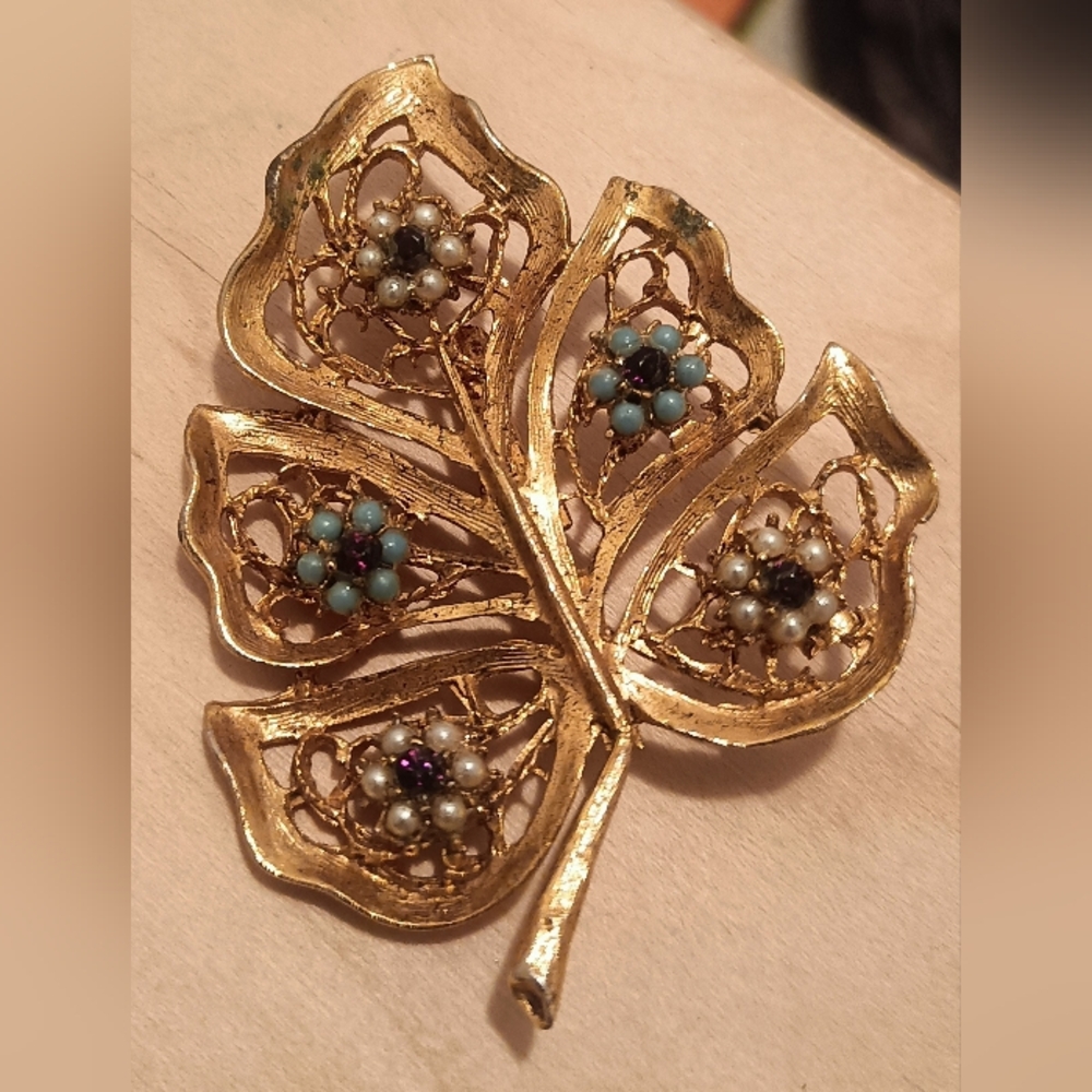 Gold-Tone Leaf Brooch with Turquoise & Pearl Accents